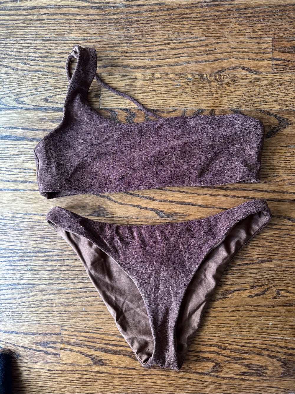 JADE swim brown terry one shoulder bikini Sz M apex top most wanted bottom